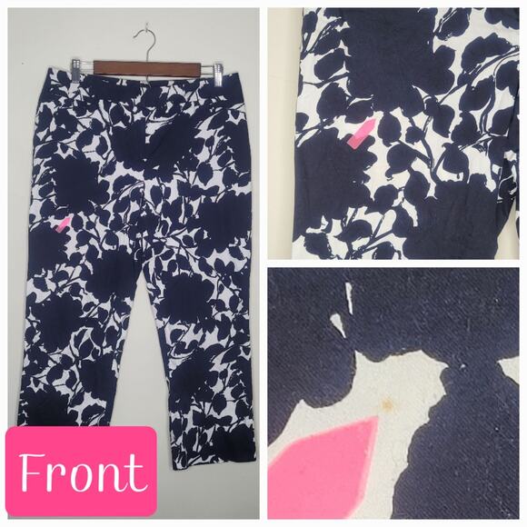 Lafayette 148 New York Sz 10 Midnight Blue Floral Capri Pants Work Office Casual - Picture 3 of 10